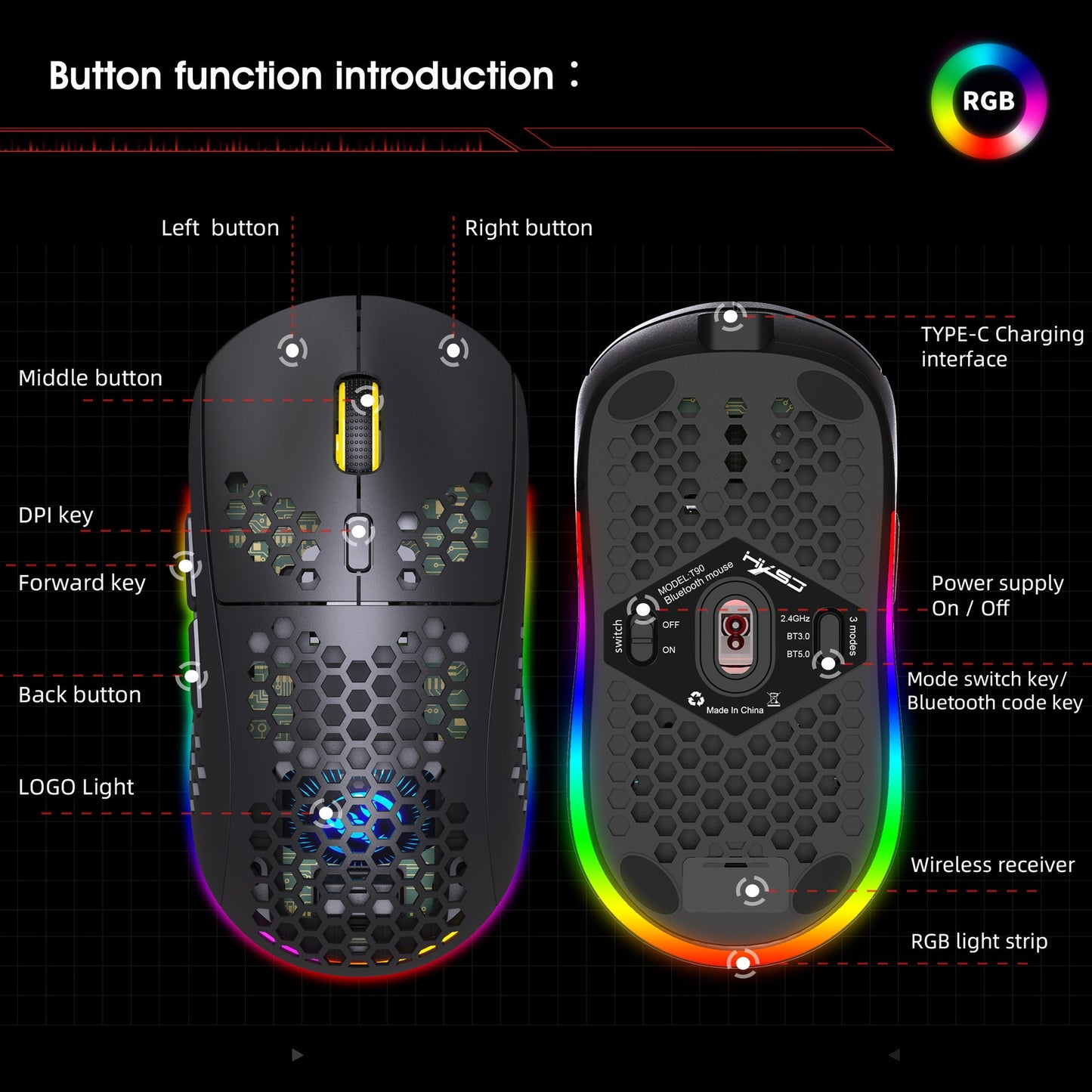 Hole hollow lightweight wireless 2.4G charging gaming mouse RGB luminous office mechanical mouse