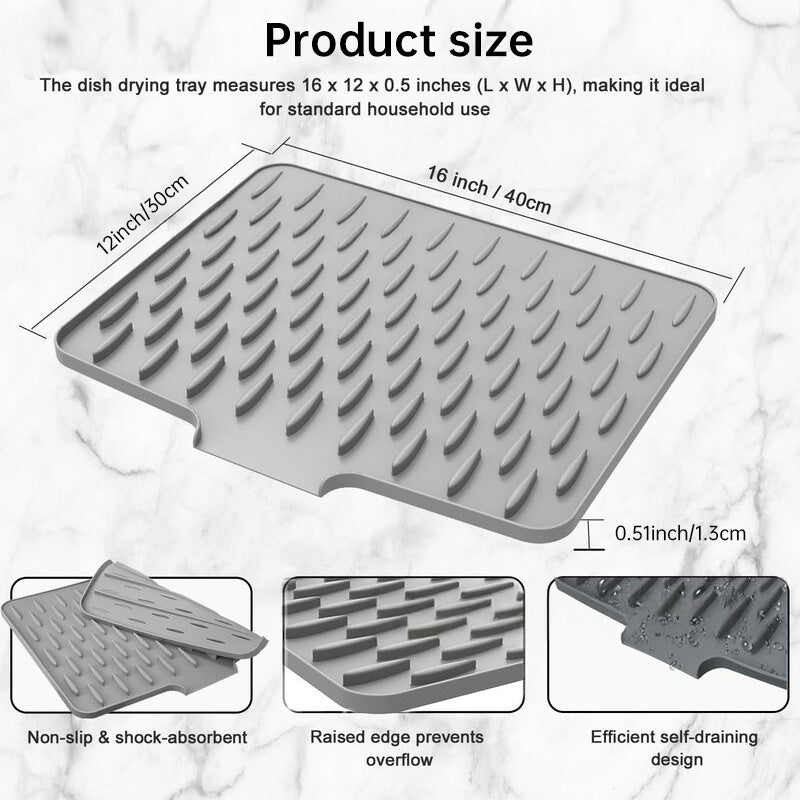 Silicone Dish Drying Mat (Countertop): Anti-Spill, Non-Slip, Sloped with Heat-Insulating Pads