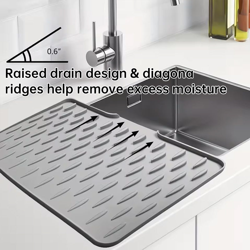 Silicone Dish Drying Mat (Countertop): Anti-Spill, Non-Slip, Sloped with Heat-Insulating Pads