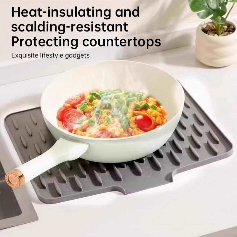 Silicone Dish Drying Mat (Countertop): Anti-Spill, Non-Slip, Sloped with Heat-Insulating Pads