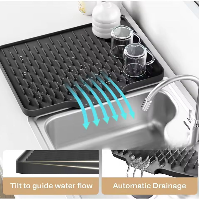 Silicone Dish Drying Mat (Countertop): Anti-Spill, Non-Slip, Sloped with Heat-Insulating Pads