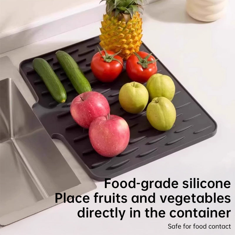 Silicone Dish Drying Mat (Countertop): Anti-Spill, Non-Slip, Sloped with Heat-Insulating Pads
