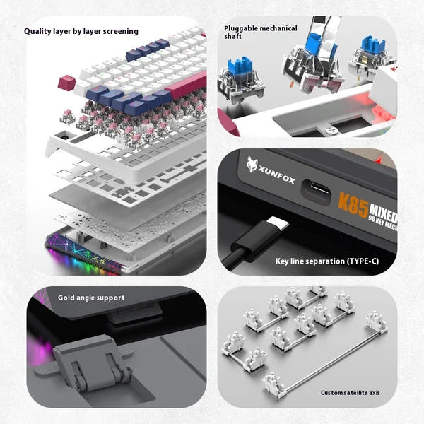 XUNFOX K85 wired mechanical keyboard for esports games, hot swappable desktop computer for office and home use, illuminated USB